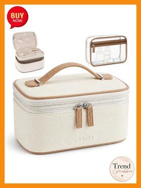 2 Pc Makeup Bag Set Travel Cosmetic Case Faux Leather w Clear Toiletry Bag